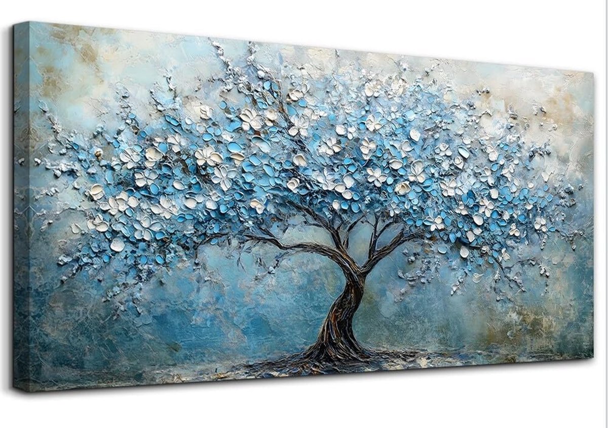 Modern Groot Canvas 73x146 Cm – Artistieke Blauwe Levensboom Voor Woonkamer & Kantoor
