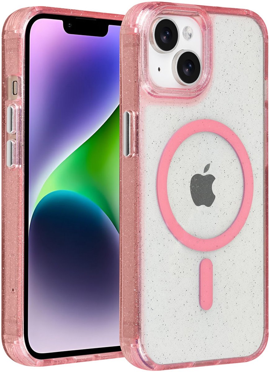 TUNIQ telefoonhoesje voor Apple iPhone 14 - MagSafe met glitter en koord - Roze