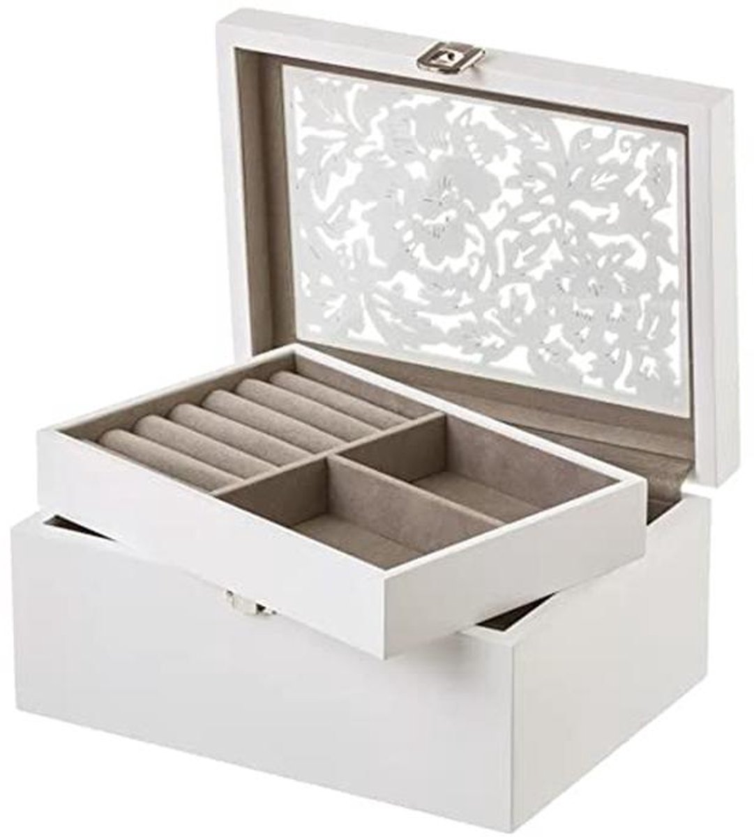 Sieradendoosje voor dames - Wit Houten 2 Laags met Gesneden Deksel - Shabby Chic Design