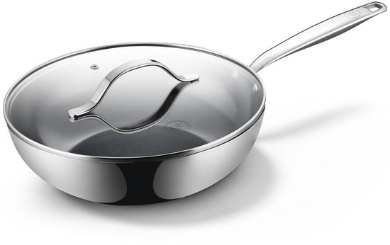 BE Living Poêle Wok Inox avec Couvercle - Ø 28 cm - Céramique - Poêle Induction - Sans PFAS Anti-Adhésif - Poêle de Cuisson - Série Essentielle