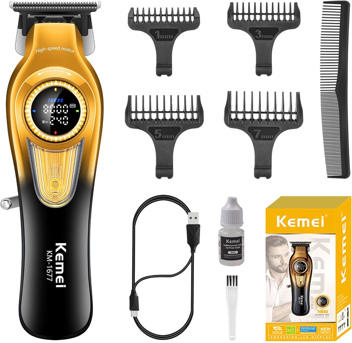 KEMEI 1677 Baardtrimmer voor heren, professionele tondeuse, draadloze kappersschaar met led-display, DLC T-Blade tondeuse, 8000 RPM turboborstelloze motor