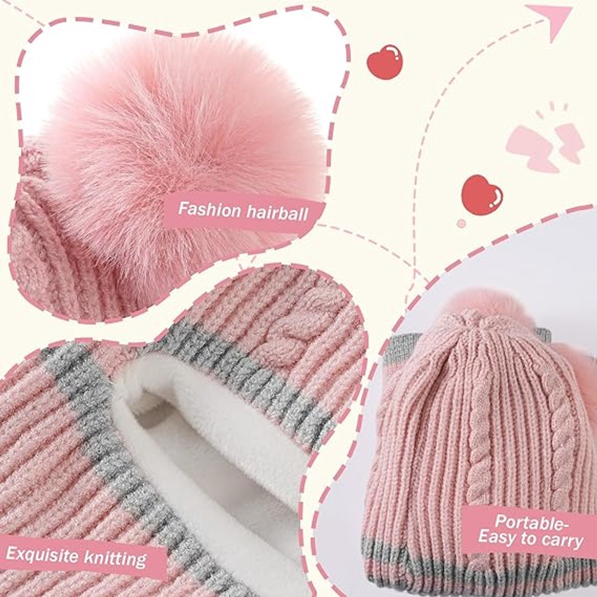 Muts - Kindermuts - Winter Muts - Gebreide wintermuts - Sjaalset - Muts 3-in-1 - Warme mutsen voor jongens en meisjes van 3 tot 6 jaar - Sjaal met schuifkap - Gebreide muts met pompon - Rood — cadeau in Mode & Accessoires - foto 4