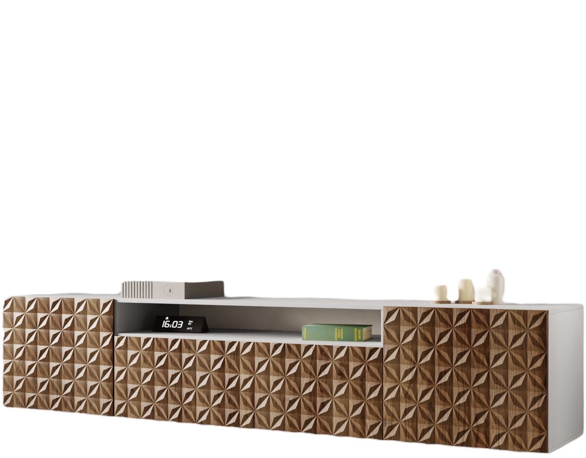 Margaret Hadas24 TV-kast Cali, woonwand, lowboard, tv-standaard, woonwand, woonkamer, tv-board, woonkamermeubels, televisie, highboard, TV-kast, tv-lowboard, 200 cm, 3 deuren, wit, bruin