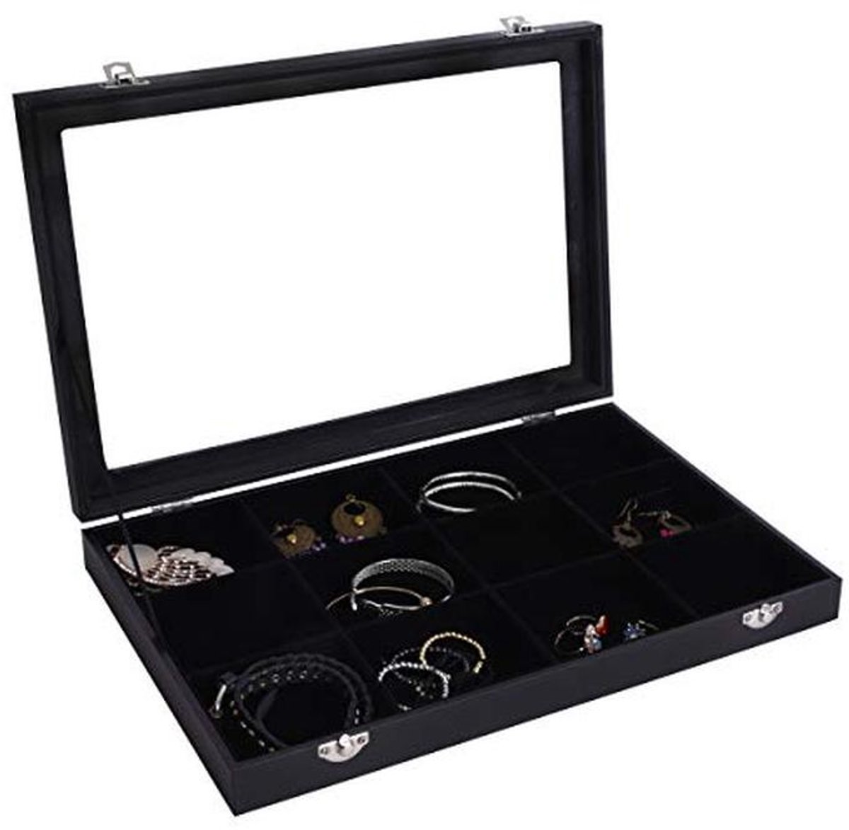 Velvet Clear Deksel Sieraden Doos 12 Grid Organizer - Zwart