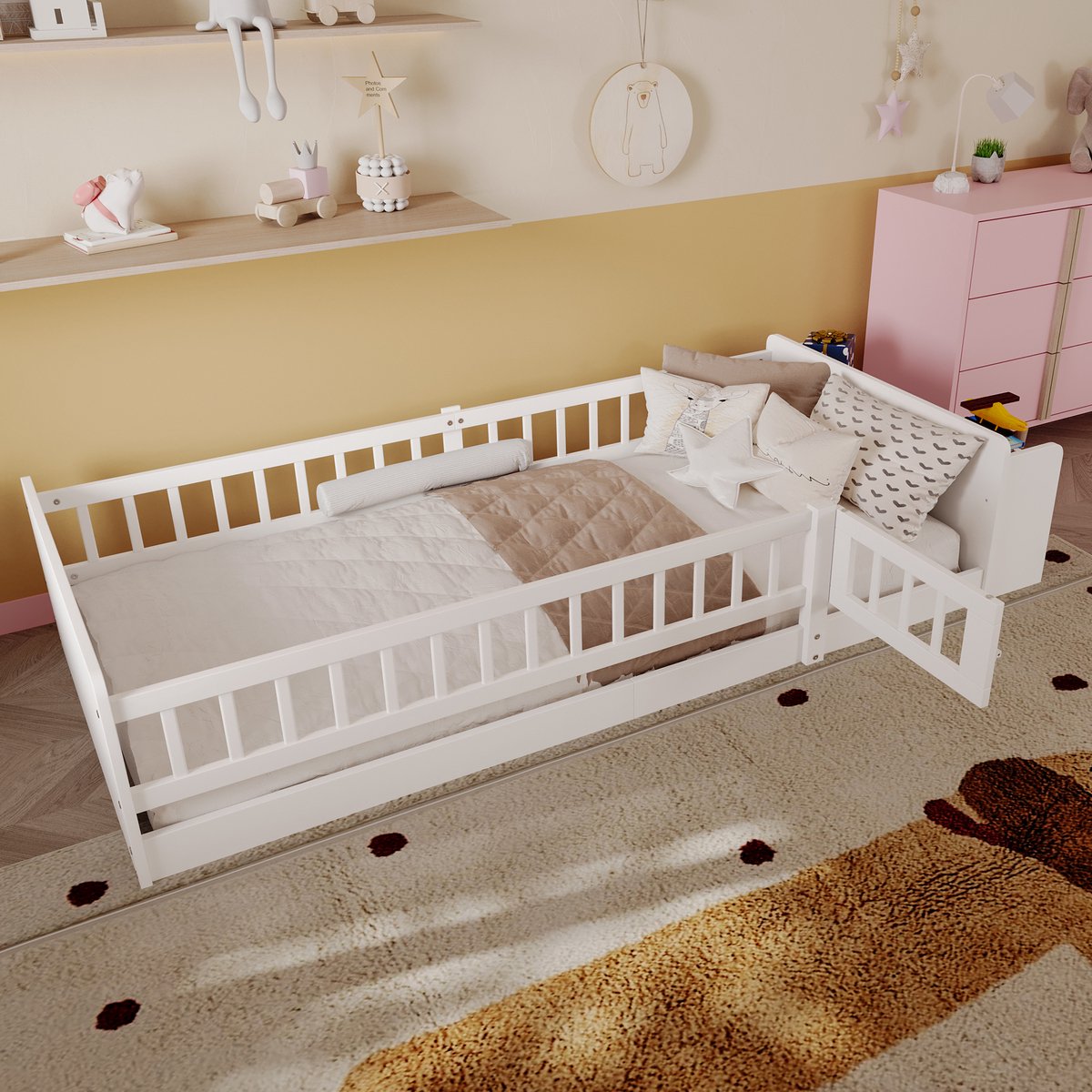 STILVORA Kinderbed 90x200 cm – Eenpersoonsbed Met Open Opbergrekken – Opbergvak en Flexibel Veiligheidshek Voor Kinderkamer – Hout – Wit Zonder matras