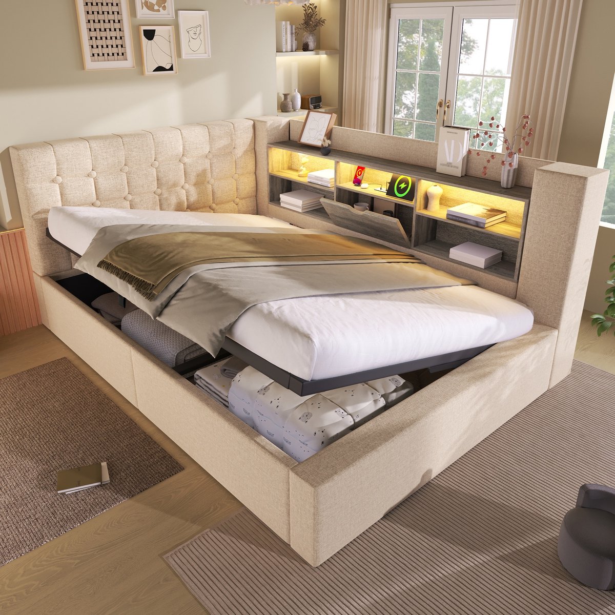 Sweiko Gestoffeerd bed - 140x200 cm - LED-verlichting - Opbergruimte - Slaapbank - Linnen - Beige