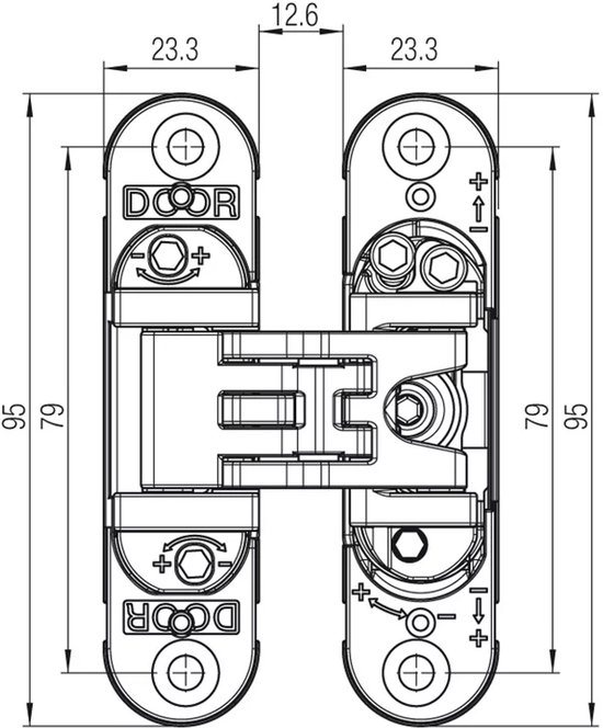 Technische tekening van een wit onzichtbaar scharnier met afmetingen.