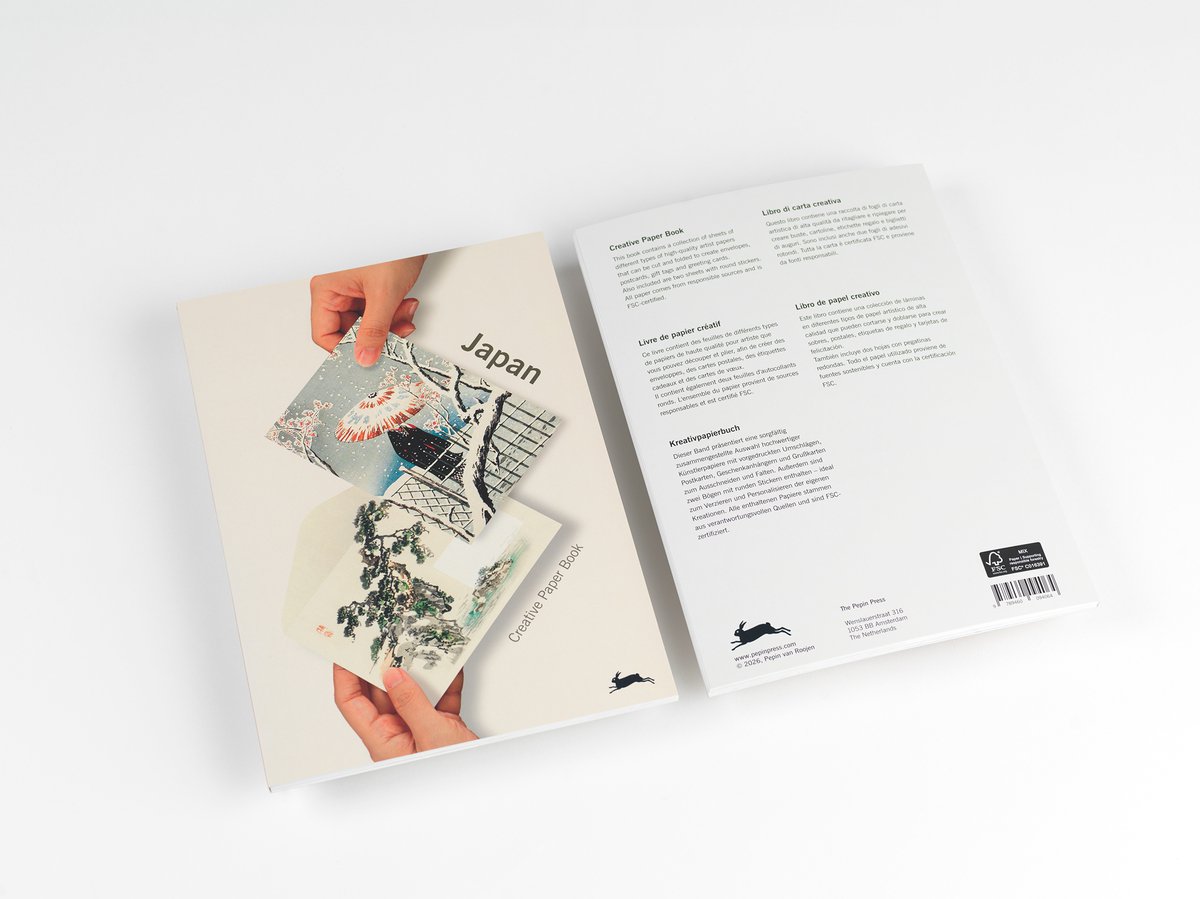Boek met Japanse afbeeldingen en tekst in meerdere talen, met FSC-logo.