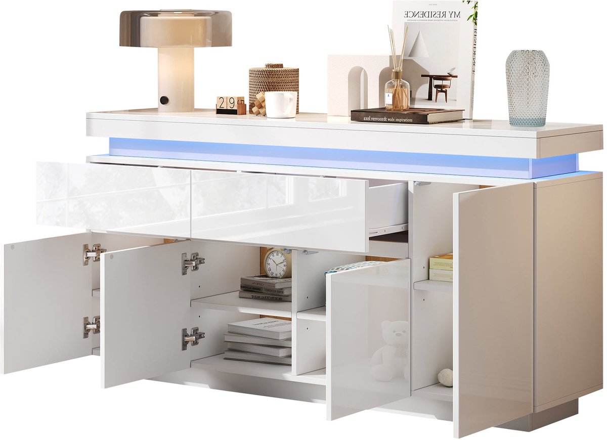 Merax Dressoir met Led Verlichting - 2 Lades - 4 Deuren - Hoogglans Front en Bovenblad - Opbergkas - Wit - 140x 35x72,5 cm
