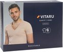Verpakking van 6 beige V-hals T-shirts van Suitable Vitaru, met man op de voorkant.