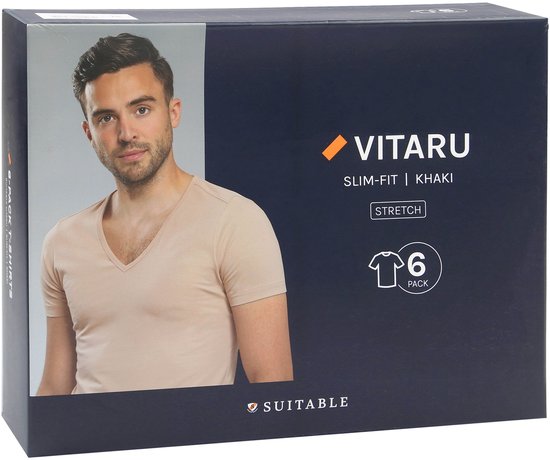 Verpakking van 6 beige V-hals T-shirts van Suitable Vitaru, met man op de voorkant.
