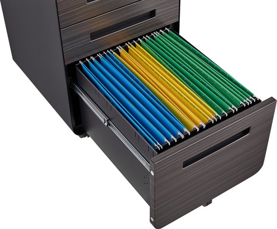 Ladeblok met open lade, gevuld met blauwe, gele en groene ordners.