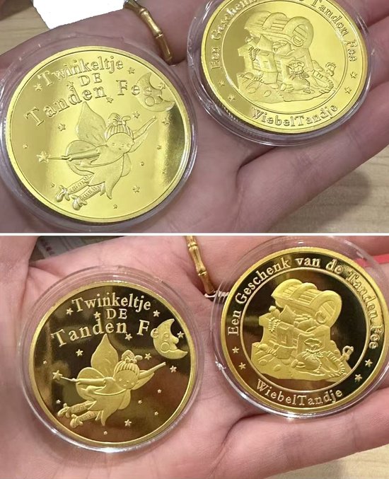 Twee gouden munten met op de ene kant een fee en de tekst 'Twinkeltje de Tanden Fee'.