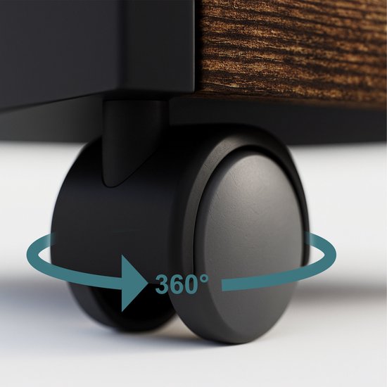 Detail van de zwenkwielen van een industrieel archiefkastje met houten fronten.