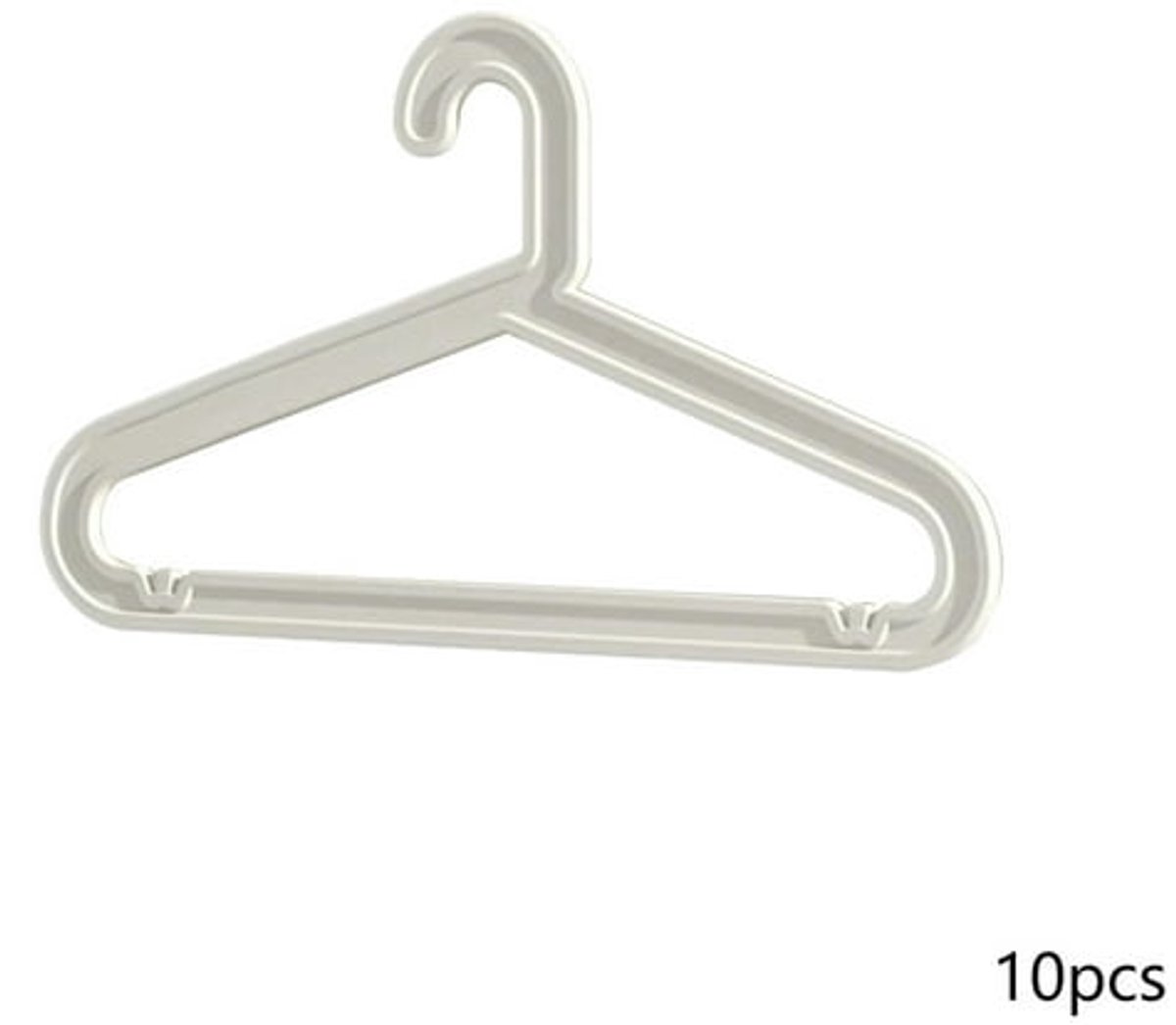 Verpakking van 10 duurzame, antislip plastic kledinghangers voor volwassenen.