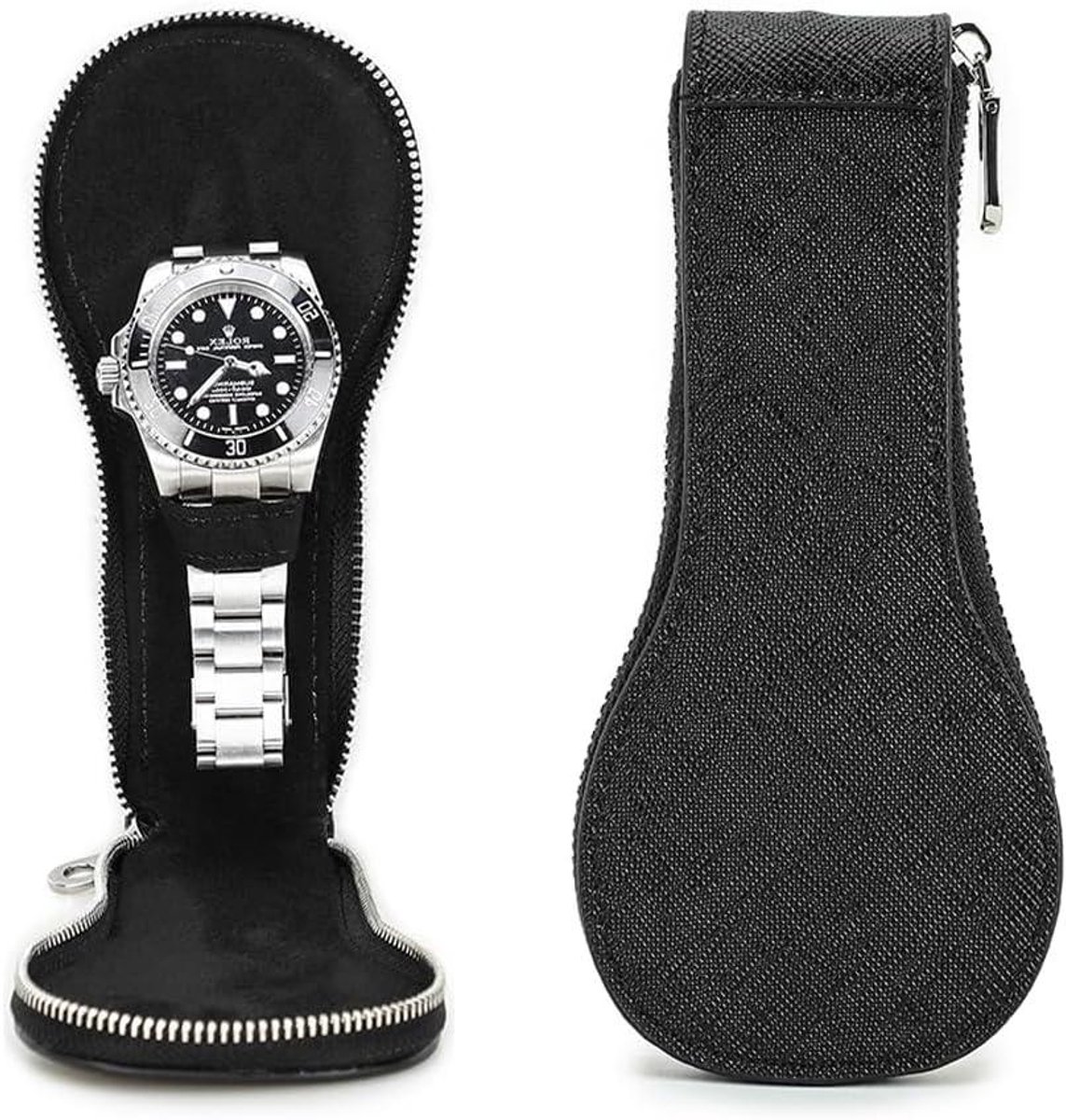 Jhubers Goods - Horlogeopbergdoos - Echt Saffiano Leer - Draagbaar - Zwart - Rits - Beschermende Organizer - Geschikt voor 1 Horloge - Zwart Echt Saffiano Lederen Horloge Opbergdoos voor 1 Horloge Draagbare Rits Horloge Beschermende Organizer (zwart)