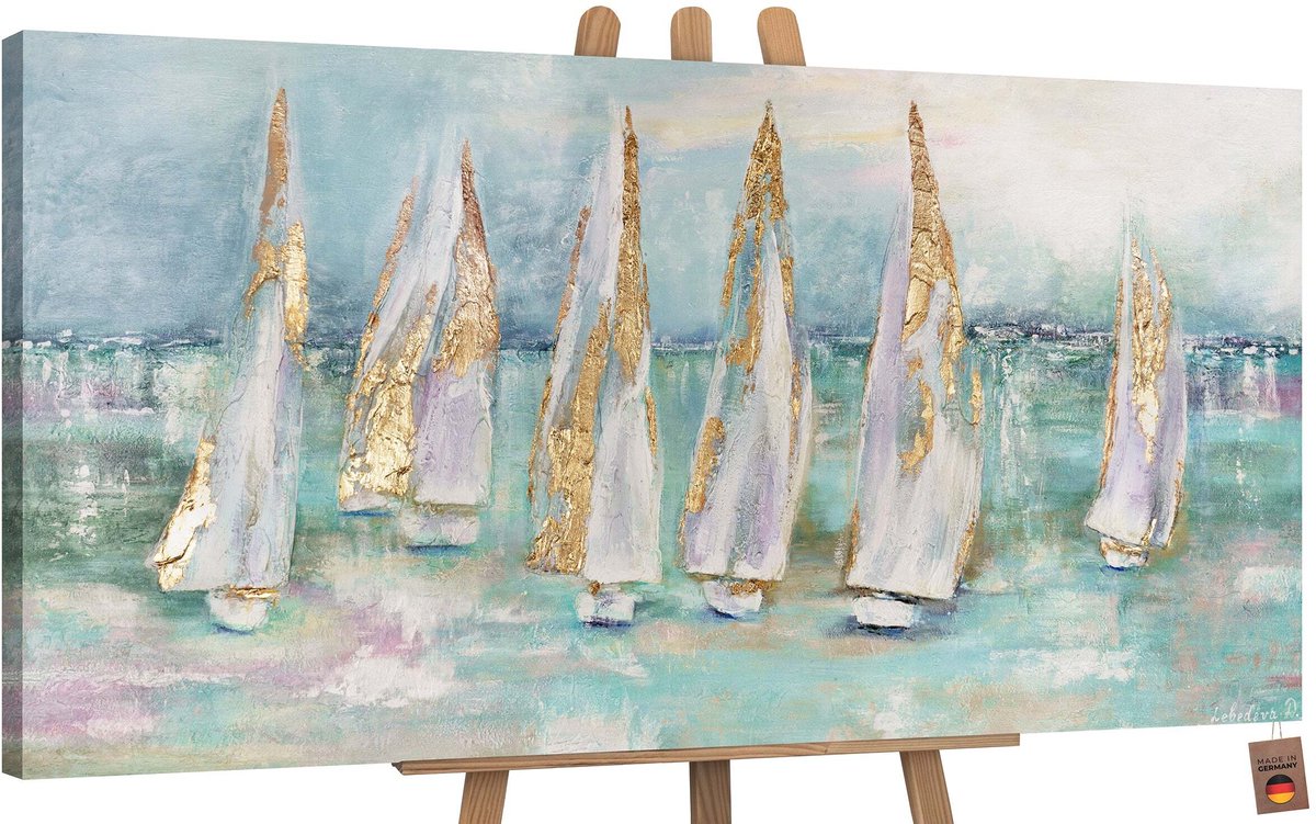 YS Schilderij Canvas schilderij groot handgeschilderd zeilboten zee maritiem Ð YS-Art Gallery Ð Luxe wanddecoratie voor woonkamer Ð Modern schilderij voor slaapkamer en hal Without Floater Frame 140x70