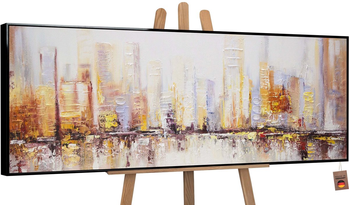 YS Canvas schilderij panoramisch handgeschilderd ochtend in de stad stedelijk – YS-Art Gallery – Luxe wanddecoratie voor woonkamer – Modern schilderij voor kantoor en hal Black
