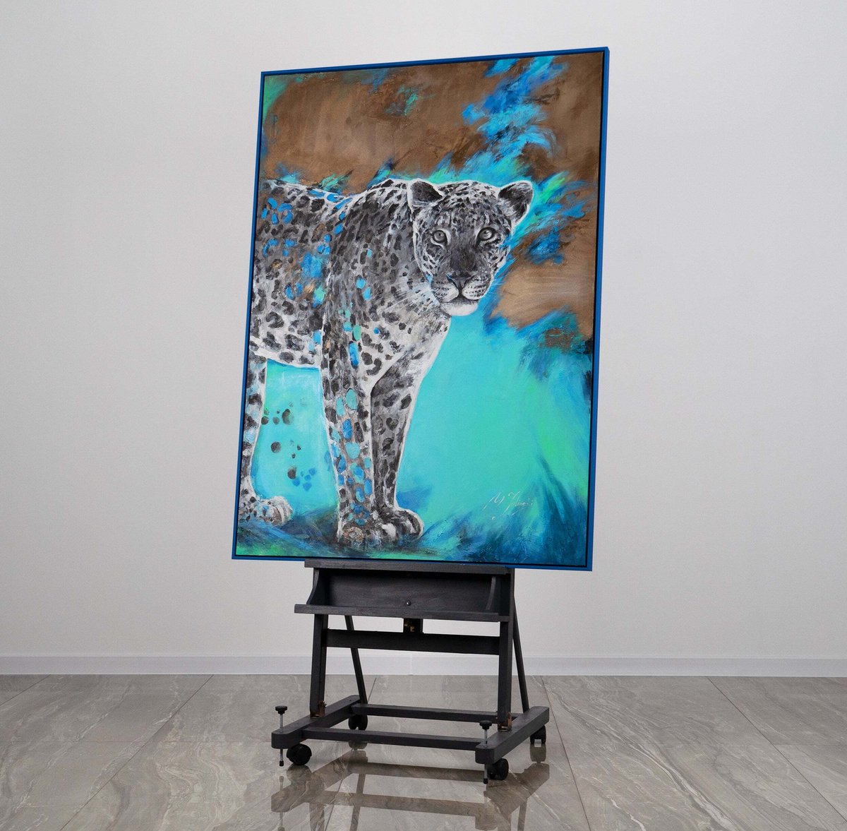 YS Canvas schilderij 140x100 cm handgeschilderd vaardigheid en kracht abstract – YS-Art Gallery – Energieke wanddecoratie voor woonkamer – Modern schilderij voor hal en kantoor Blue