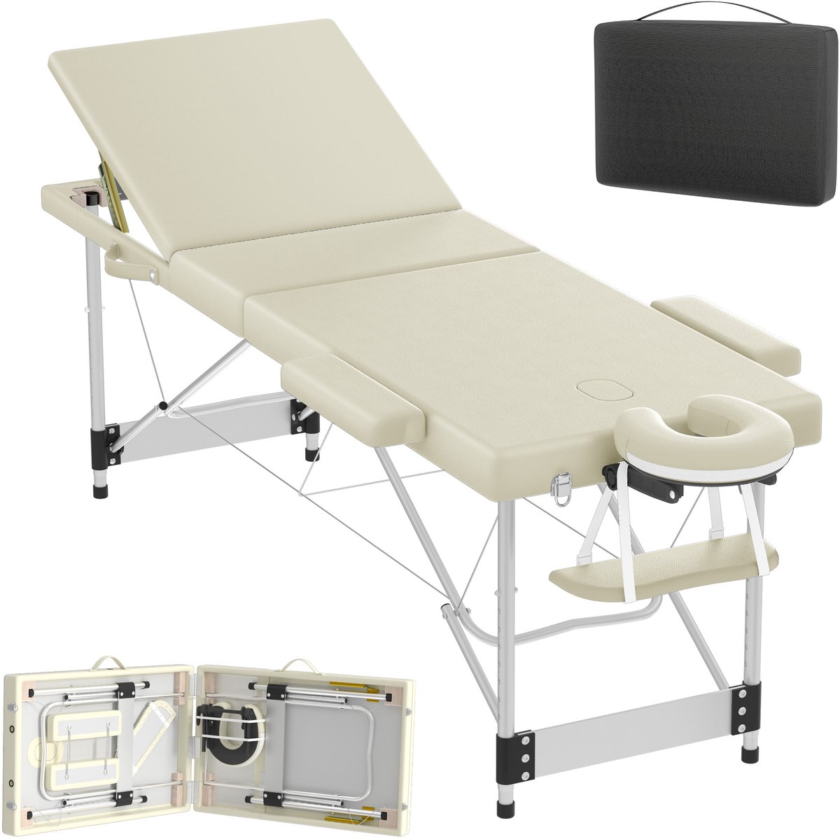Aufun Massageliege - Mobiele Massagetafel 3-Zones - Klapbaar En Hoogteverstelbaar - Breed Massagebed Voor Of Cosmetica - Inclusief Alu-Kopsteun, Armsteun En Draagtas - 212 x 80 cm - Beige