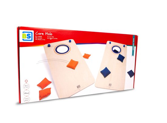 Verpakking van BS Toys Cornhole spel met twee houten boards, oranje en blauwe beanbags. Geschikt vanaf 8 jaar.