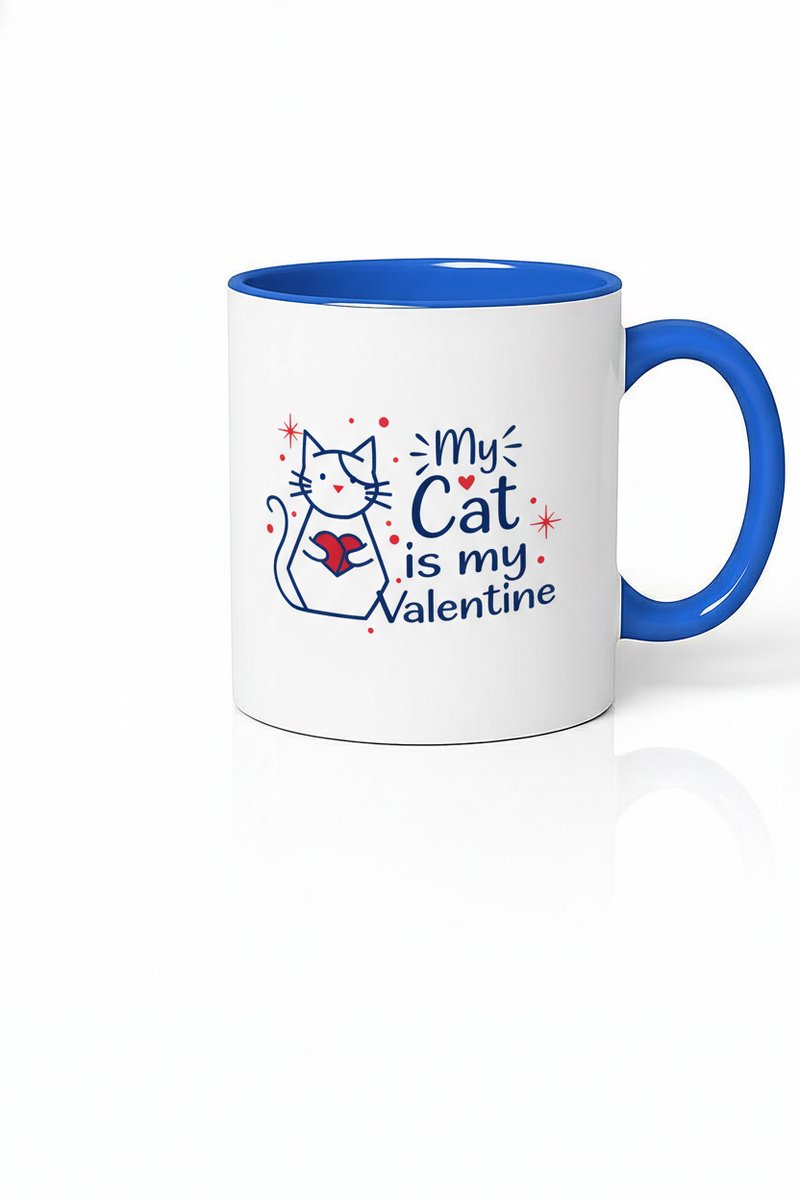 Valentijn Mok met Kat & Hart - My Cat is My Valentine - Blauw/Wit Keramiek Cadeau