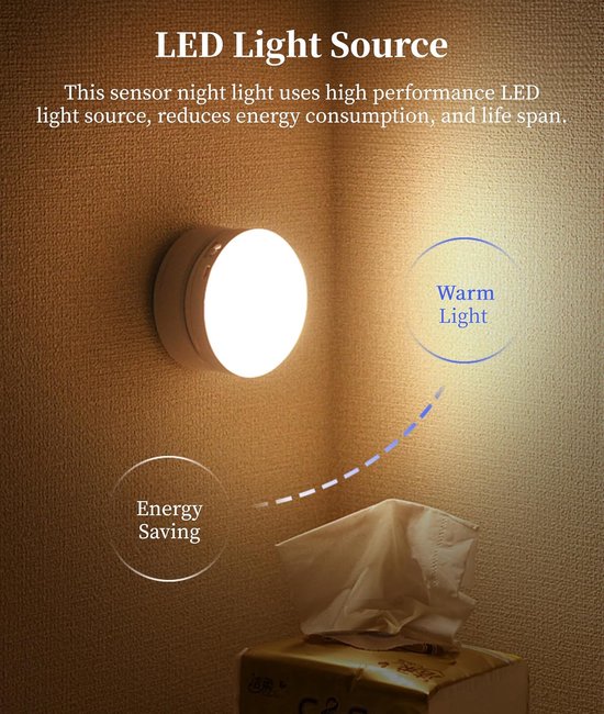 Plakbare Nachtlamp Oplaadbare Batterij Met 360 Graden Draaibare Bewegingssensor LED Lamp Voor Slaapkamer Keuken Hal En Ingang Warm Licht van Merkloos — afbeelding 3