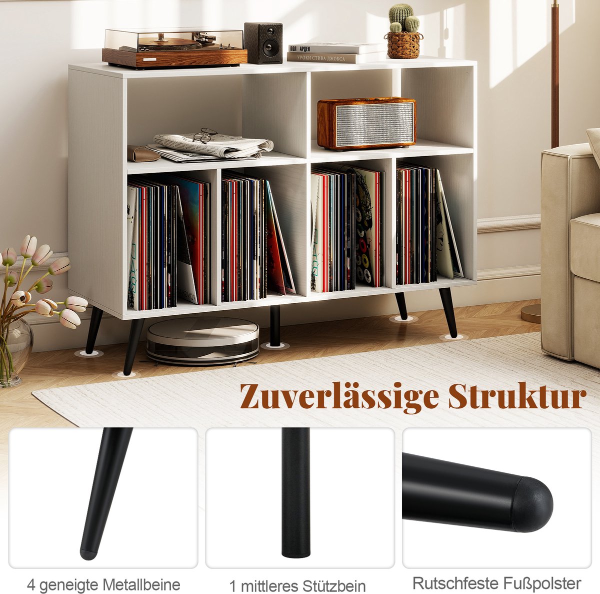 COSTWAY Draaitafel standaard 3-traps draaitafel kast met vinyl opbergplanken, opbergtafel voor vinylplaten, opberghouder voor woonkamer, muziekkamer (wit) thumbnail 3