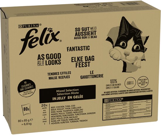 Felix Elke Dag Feest Mix selectie in Gelei - Kattenvoer Natvoer - Zalm Tonijn Rund & Kip - 120 x 85 g