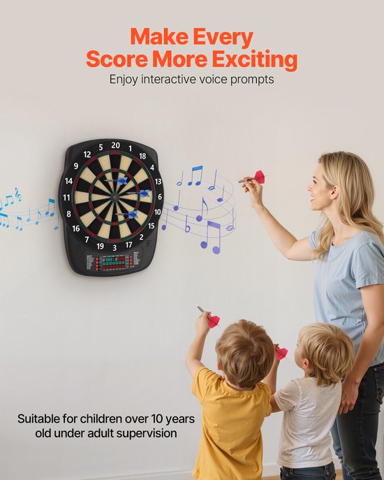 Elektronisch dartbord met een doel van 336 mm, 43 spellen en meer dan 200 variaties voor maximaal 8 spelers, inclusief 6 dartpijlen, flights en 50 soft tips, LCD-scorebord voor thuis en op feestjes van Merkloos — afbeelding 4