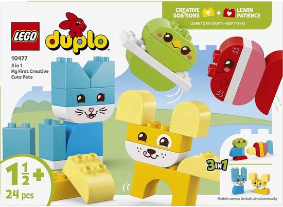 Doos van LEGO DUPLO 3-in-1 Creative Cute Pets, met drie DUPLO-figuren en een handleiding.