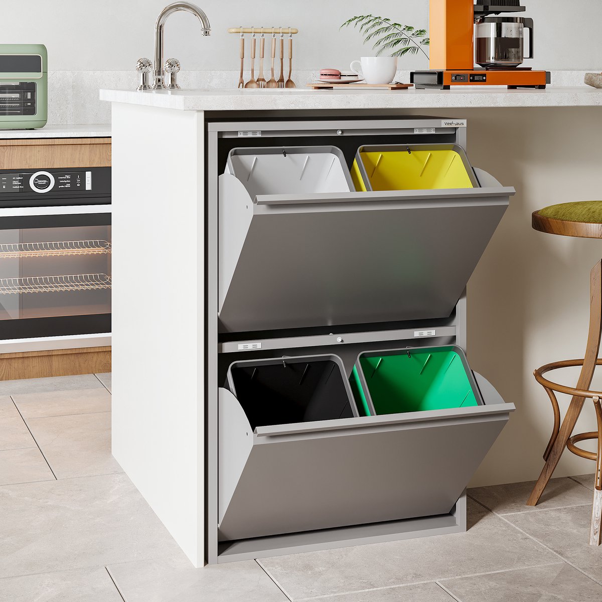 VEEHAUS – Clark - Prullenbak 4 vakken – Afvalemmer 60 Liter (4x 15L) – Grijs - 4-vaks Prullenbak Afvalscheiding Hygiënisch Recyclen - Afval Scheiden – Prullenbak -Afvalbak Metaal – Grijs