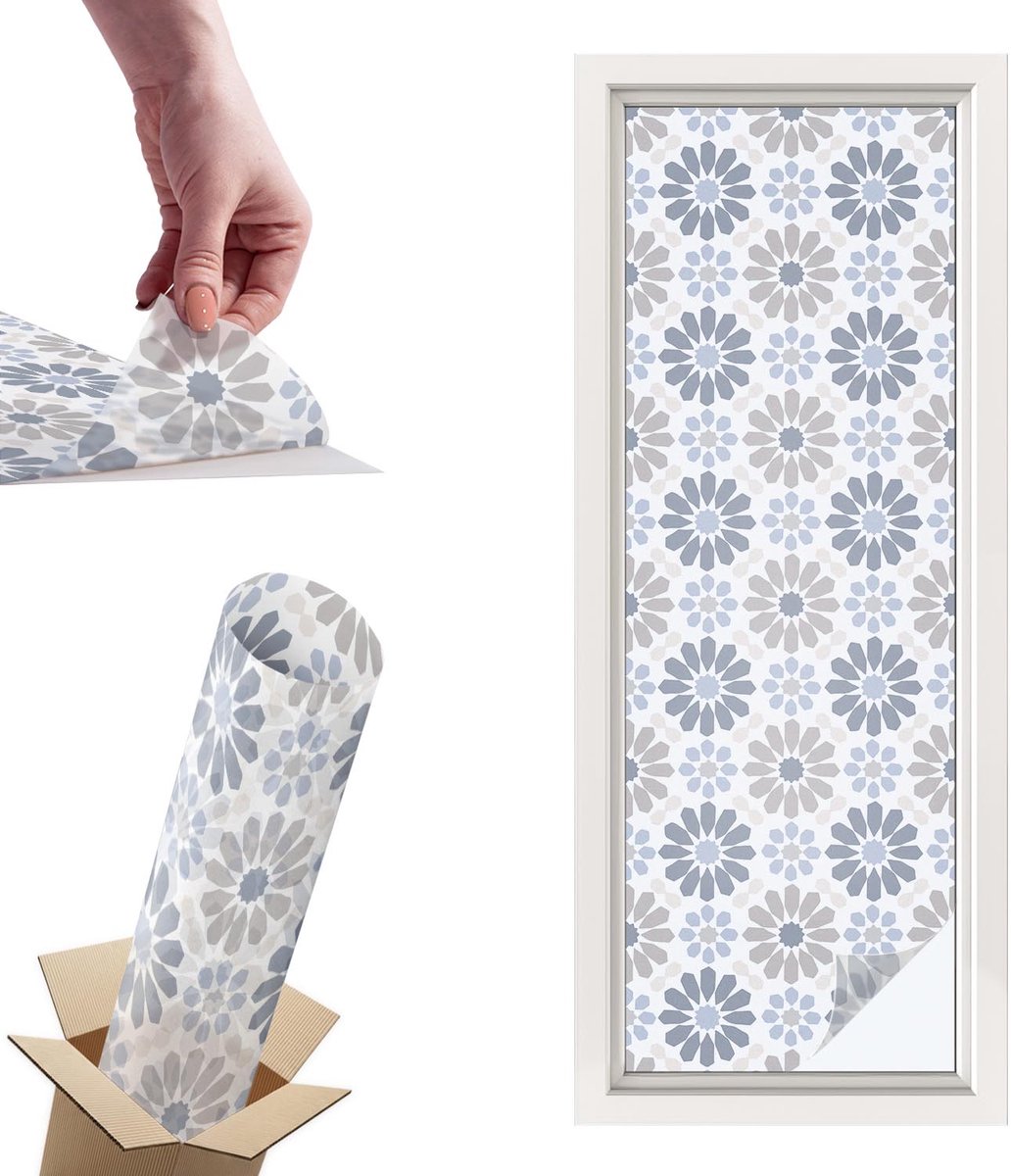 TULUP Raamfolie Anti inkijk - Bloemenmozaïek Privacy Folie Raam - 50x146 cm - Beige Anti inkijk Folie - Raamfolie Tegen inkijk Glas in Lood - Voor de slaapkamer, hal en woonkamer - Raamfolie Zonwering Beige - Bloemenmozaïek