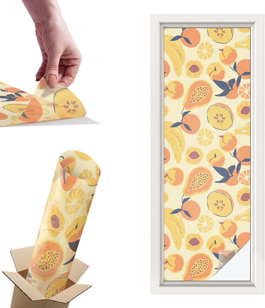 TULUP Raamfolie Anti inkijk - Sappig fruit Privacy Folie Raam - 50x146 cm - Geel Anti inkijk Folie - Raamfolie Tegen inkijk Glas in Lood - Naar de keuken, naar de eetkamer - Raamfolie Zonwering Geel - Sappig fruit