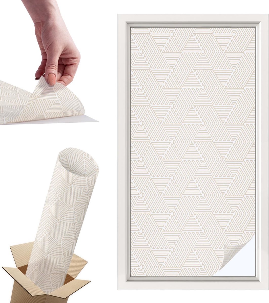 Tulup Raamfolie Anti inkijk - Rechte driehoeken Privacy Folie Raam - 50x100 cm - Beige Anti inkijk Folie - Raamfolie Tegen inkijk Glas in Lood - Voor de hal, voor de woonkamer, voor het kantoor - Raamfolie Zonwering