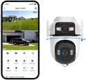 Smartphone met de Tapo app die beelden van een beveiligingscamera toont, naast de camera zelf die kan draaien.