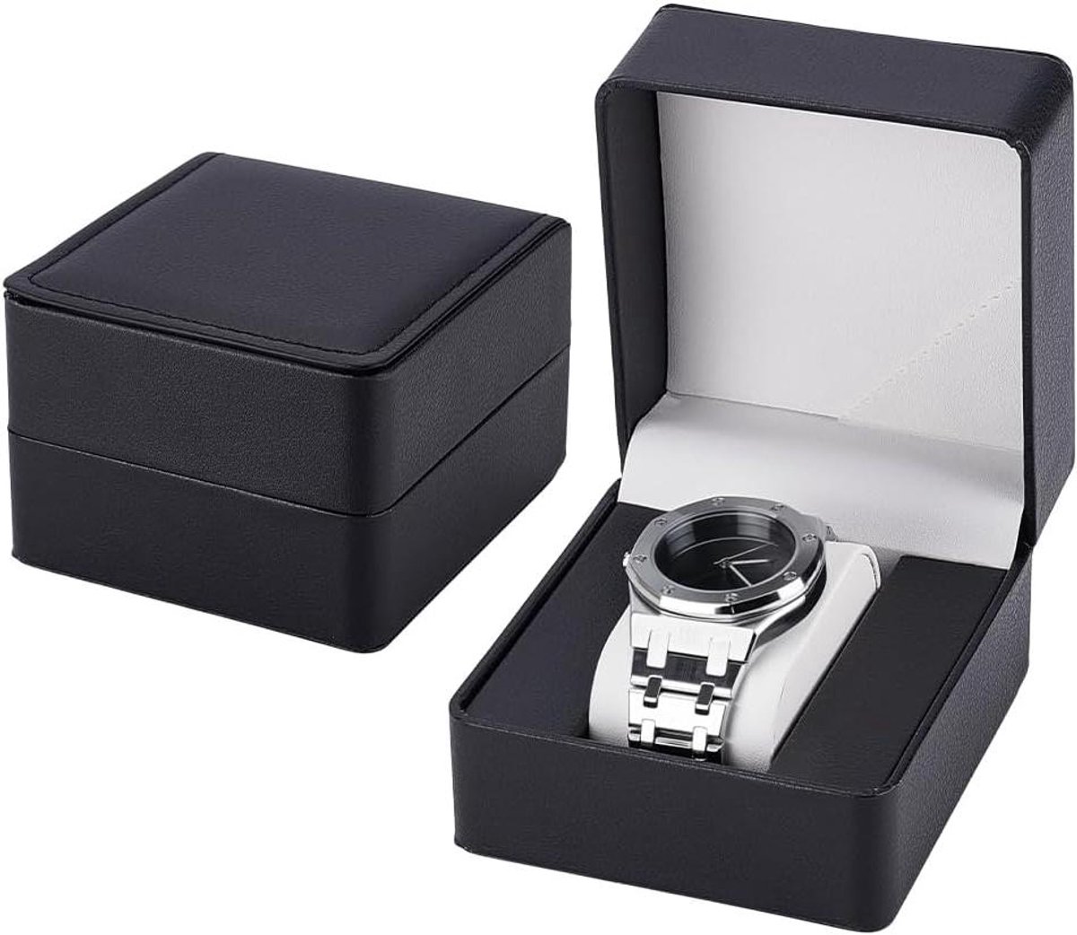 Eenvoudige zwarte horloge geschenkdoos voor heren - 2 stuks - PU-leer - Vierkant design - Inclusief horlogekussen - Afmetingen 10,7 x 10 x 7,3 cm.