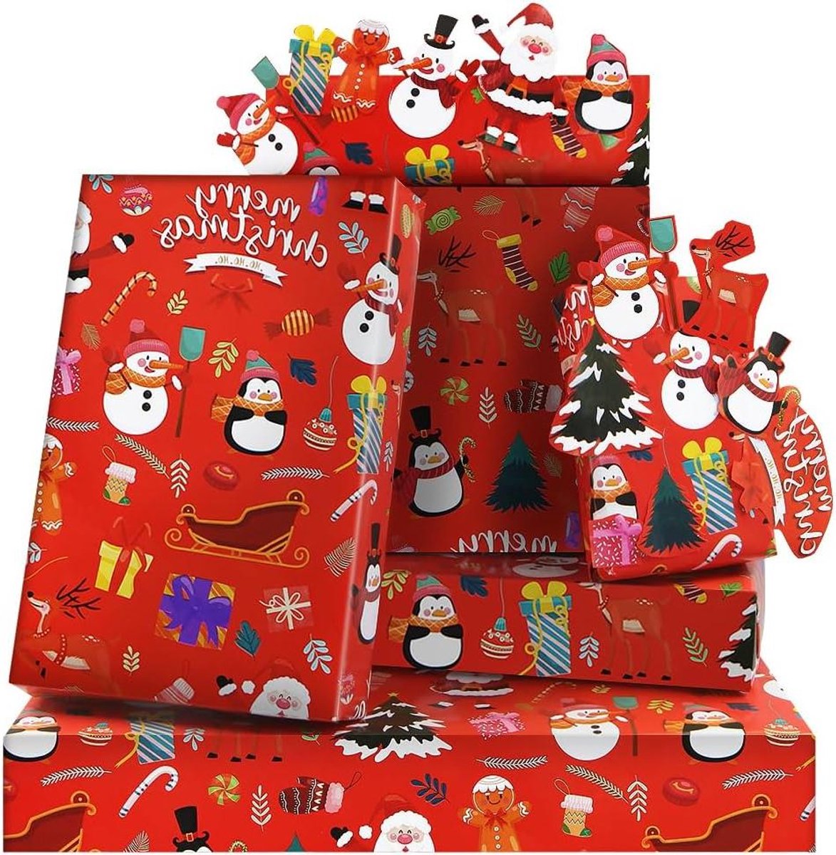 Cosensi - Kerstinpakpapier rood, 4 vellen met kerstman, sneeuwpop, pinguïn, en peperkoek, cadeaupapier voor Kerstmis of verjaardagsfeestje.