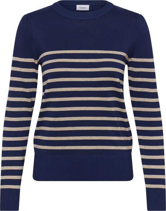 Saint Tropez MilaSZ LS Striped Pullover Dames Trui - Navy Peony Greige Stripe