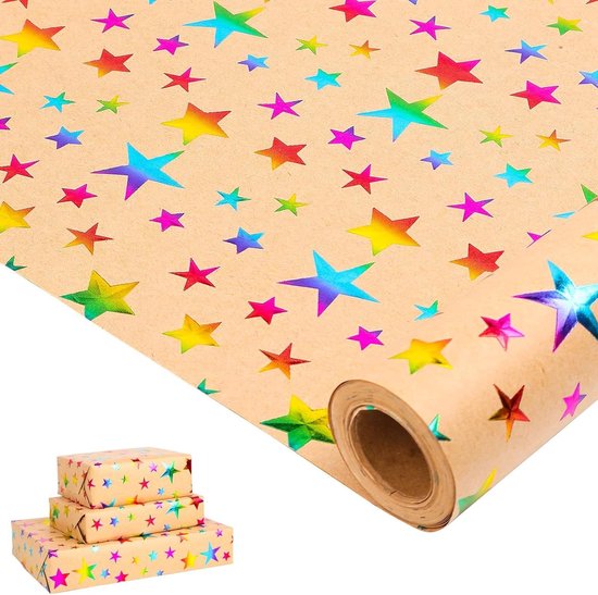 HBell Verjaardagsinpakpapier Rollen, 4 rollen Happy Birthday-inpakpapier, kleurrijk cadeaupapier, 43 cm x 3M, geschikt voor babyshower, feest, feestelijke decoraties