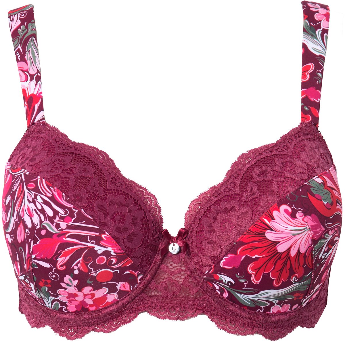 Ulla Popken Dames - Beugel BH zachte cups gebloemd kant - Aubergine