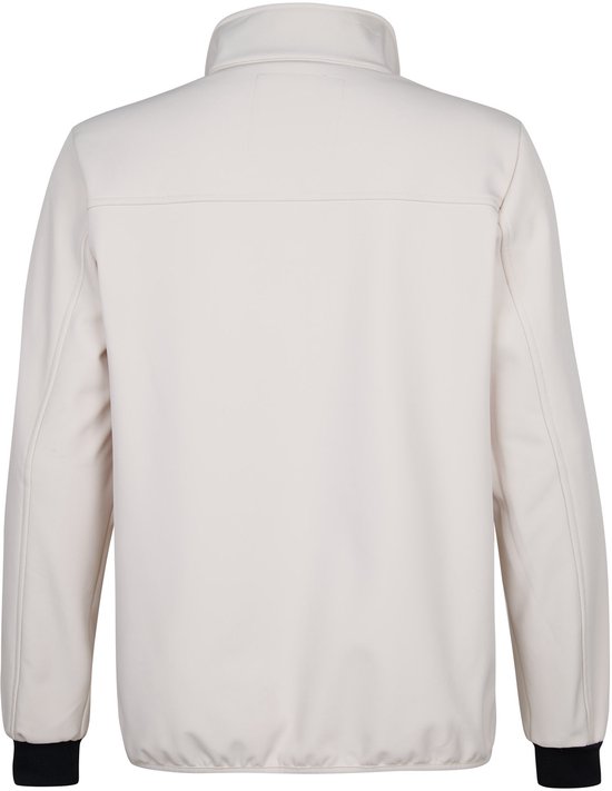 Achterkant van een lichte beige gewatteerde jas met een effen beige rugpand en zwarte boorden.