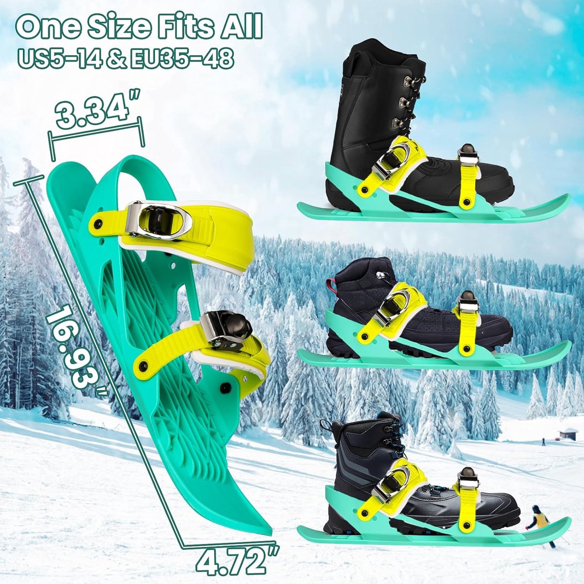Snow mini skates, short mini skates size short skates snowblades snowboard, portable snow winter skate （groen blauw）