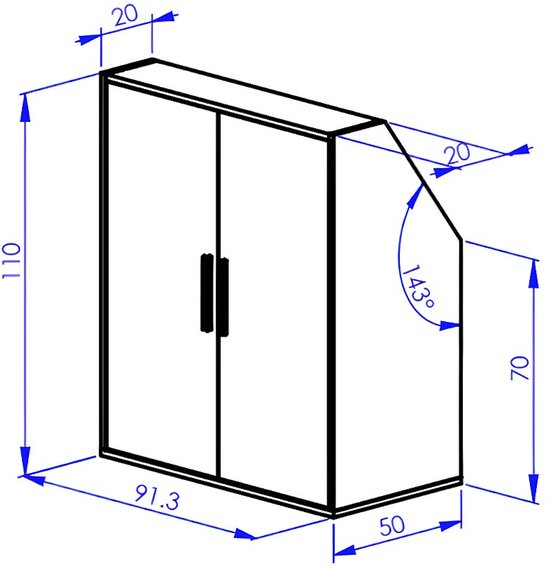 Technische tekening van een witte kastmodule met twee naturel houten deuren.