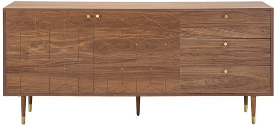 Vente-unique Buffetkast met 2 deurtjes en 3 lades in notelaarfineer - Donkere houtlook en goudkleurig - PARIOMA