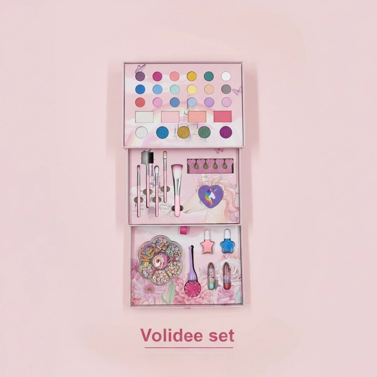 Make up meisje - 3-in-1 Kinder Make-up Set & DIY Kralen Juwelendoos-Make up Doos Meisjes - Inclusief DIY Sieraden Kralen & Kwasten – Afwasbare Kinder Make-up Cadeauset met Spiegel & Opbergkoffer — afbeelding 3