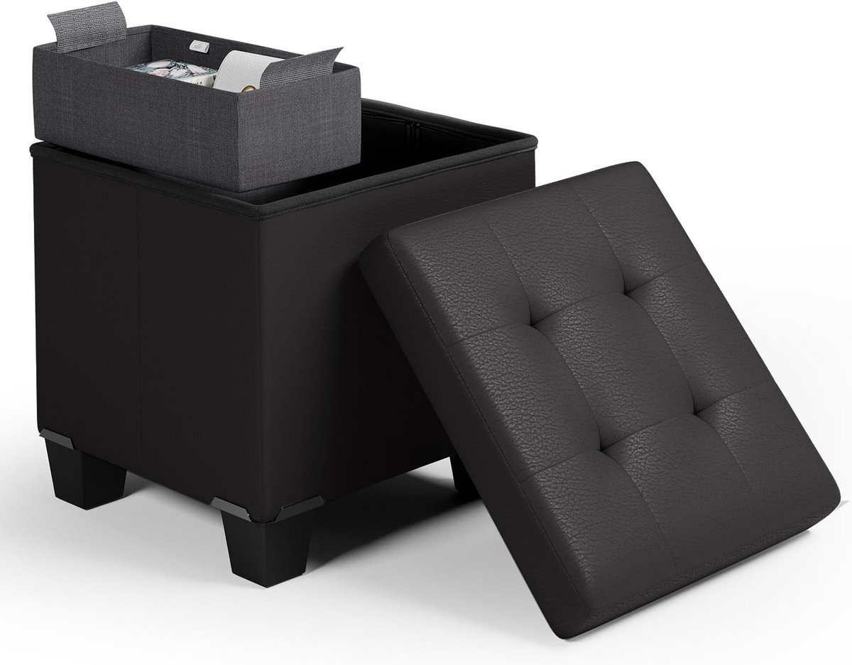 Ottomaanse Voetenbank 15 Inch met Opbergbak - Zitkubus met Ruim Compartiment - Vierkante Voetsteun 660 lbs - Zitbank voor Woonkamer en Slaapkamer - Zwart Kunstleer