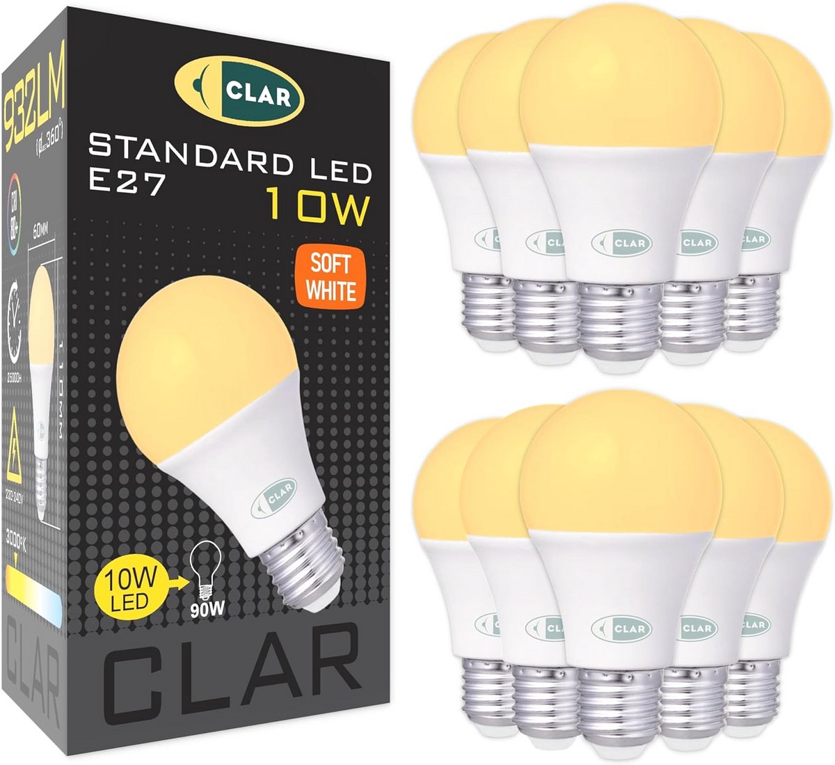 E27 LED Lamp 10W 3000K Pack van 10 - A60 LED Lamp 932 Lumen - Warm Wit - Vervangt 90W Gloeilamp - E27 LED Verlichting
