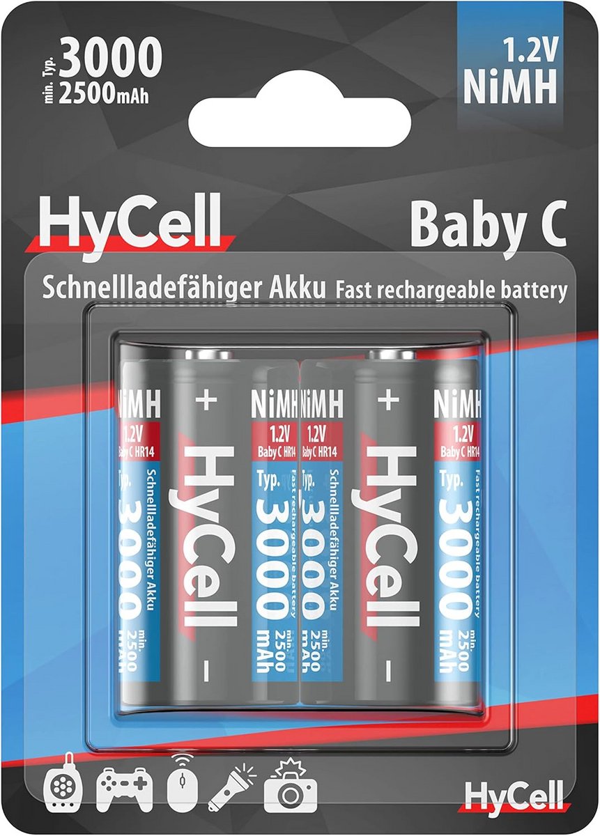 Oplaadbare C batterijen 3000 mAh NiMH 1,2 V LR14 200 mA 2-pack