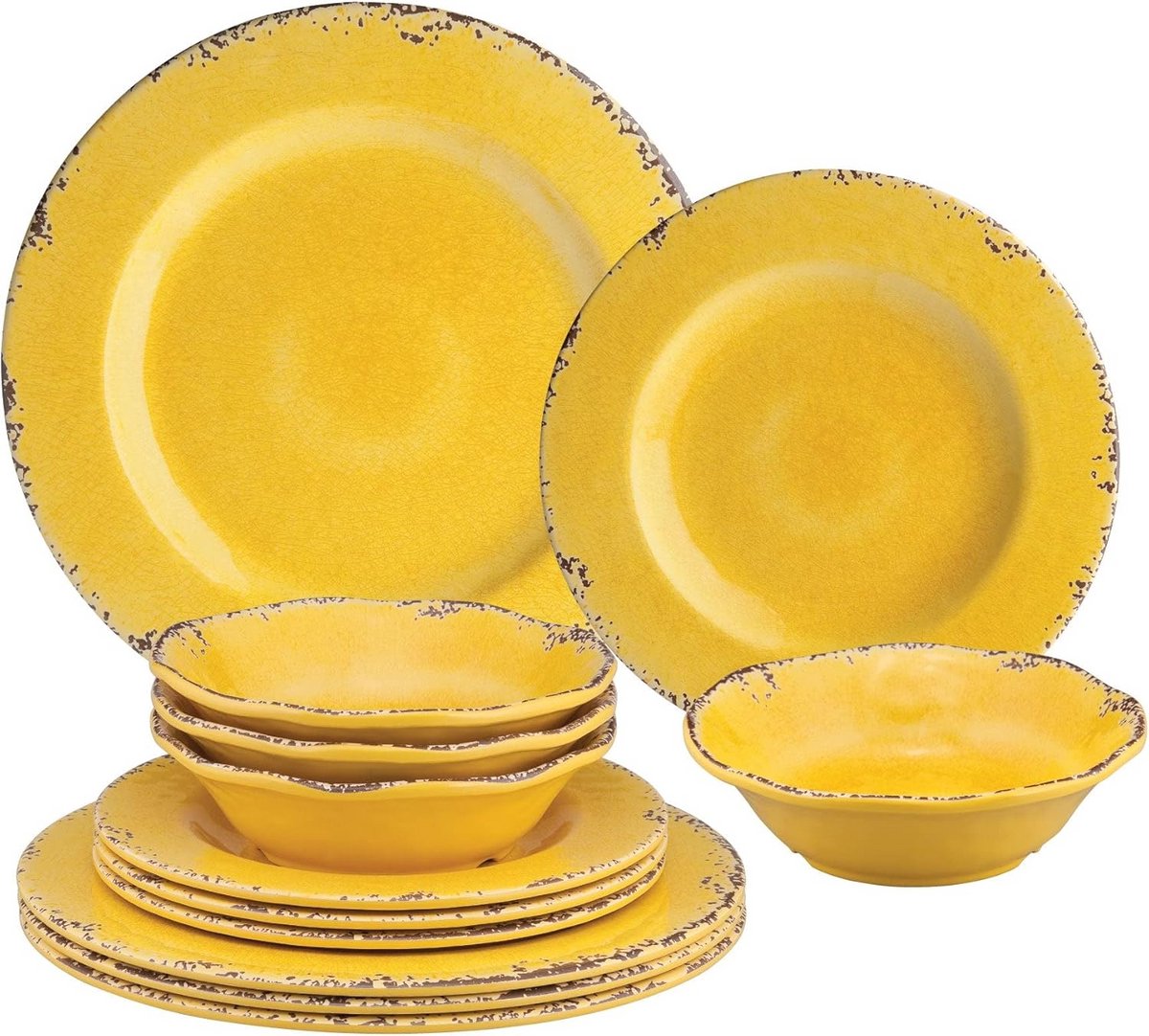 12-delige Melamine Servies Set - Dinerborden, Saladeborden & Dessertborden - Geometrisch Design - Geel - Geschikt voor binnen & buiten - Vaatwasmachinebestendig